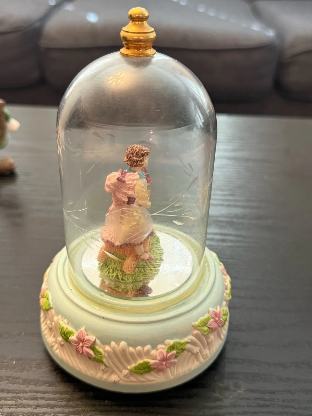 Glass Dome Cloche Couple Figurine Painted Floral Base Multicolor Romantic